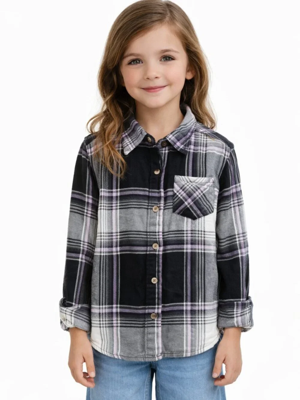 Justice Girls Black White Plaid Button Down Flannel Shirt Size S 7/8 Grunge